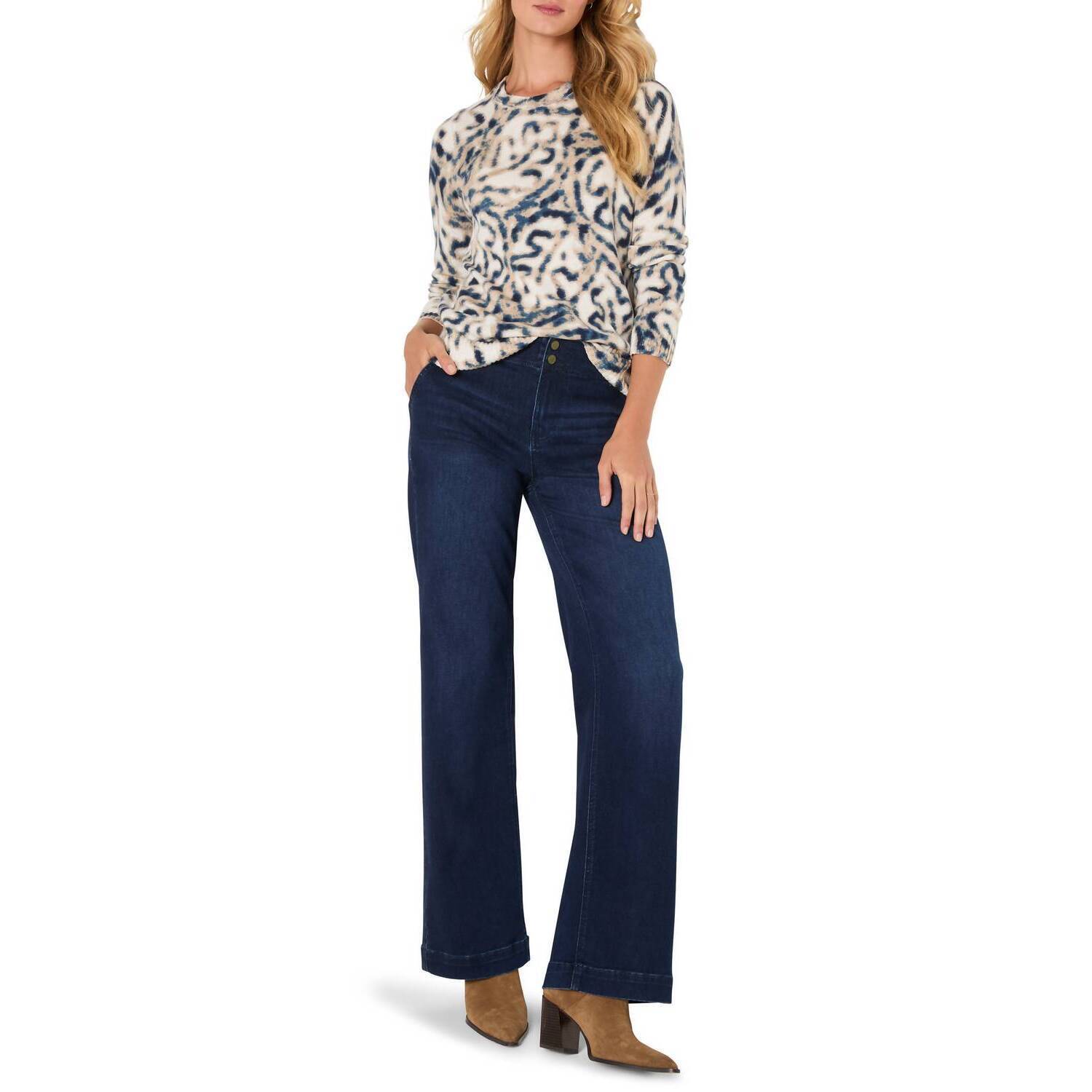 New Nic + Zoe Supersoft Blurry Leaf Print Sweater In Indigo Multi